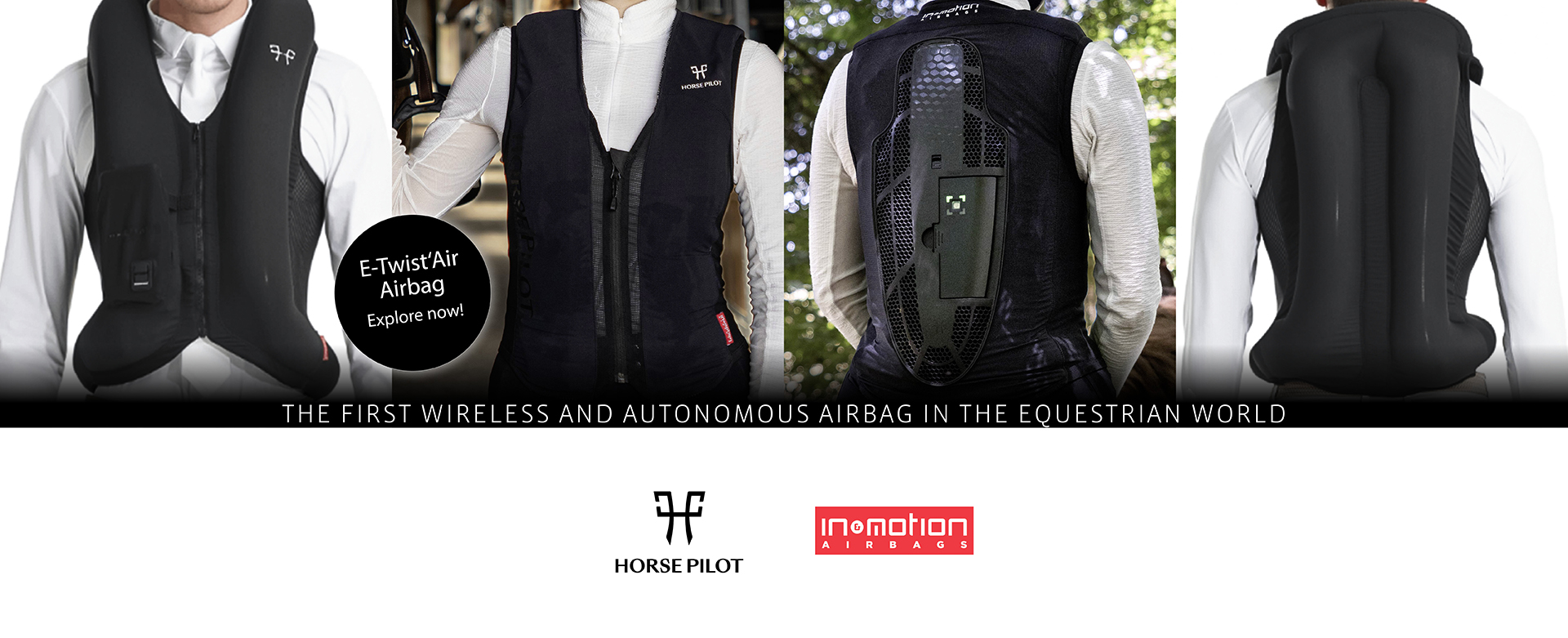 Four views of a black airbag vest for riders from Horse Pilot in collaboration with In&motion.