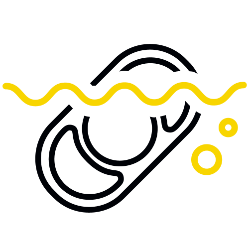 Icon_Gelbe Wellenlinie und zwei gelbe Blasen_mit angedeutetem CEECOACH PLUS im Wasser