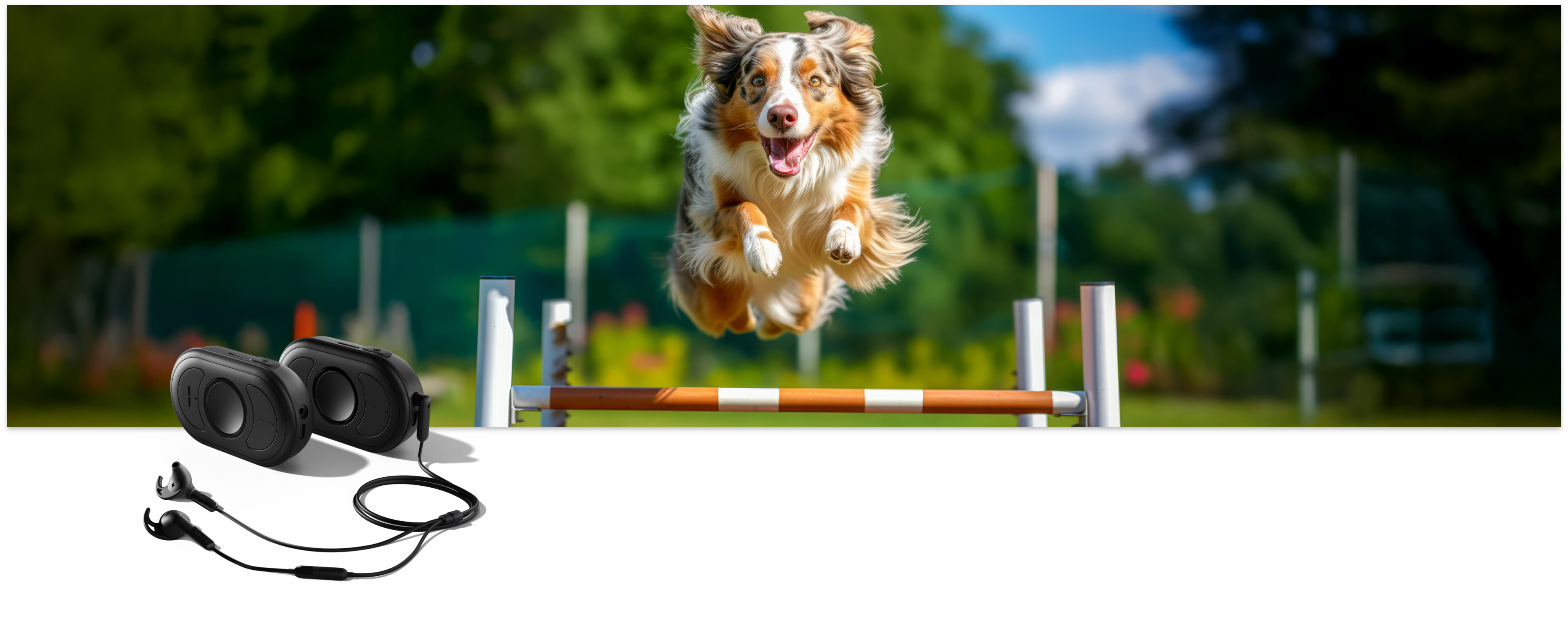 Australian Shepherd springt über ein Agility-Hindernis im Freien bei sonnigem Wetter_Im Vordergrund CEECOACH PLUS DUO in schwarz und Headset Australian Shepherd springt über ein Agility-Hindernis im Freien bei sonnigem Wetter. Im Vordergrund CEECOACH PLUS DUO in schwarz und Headset