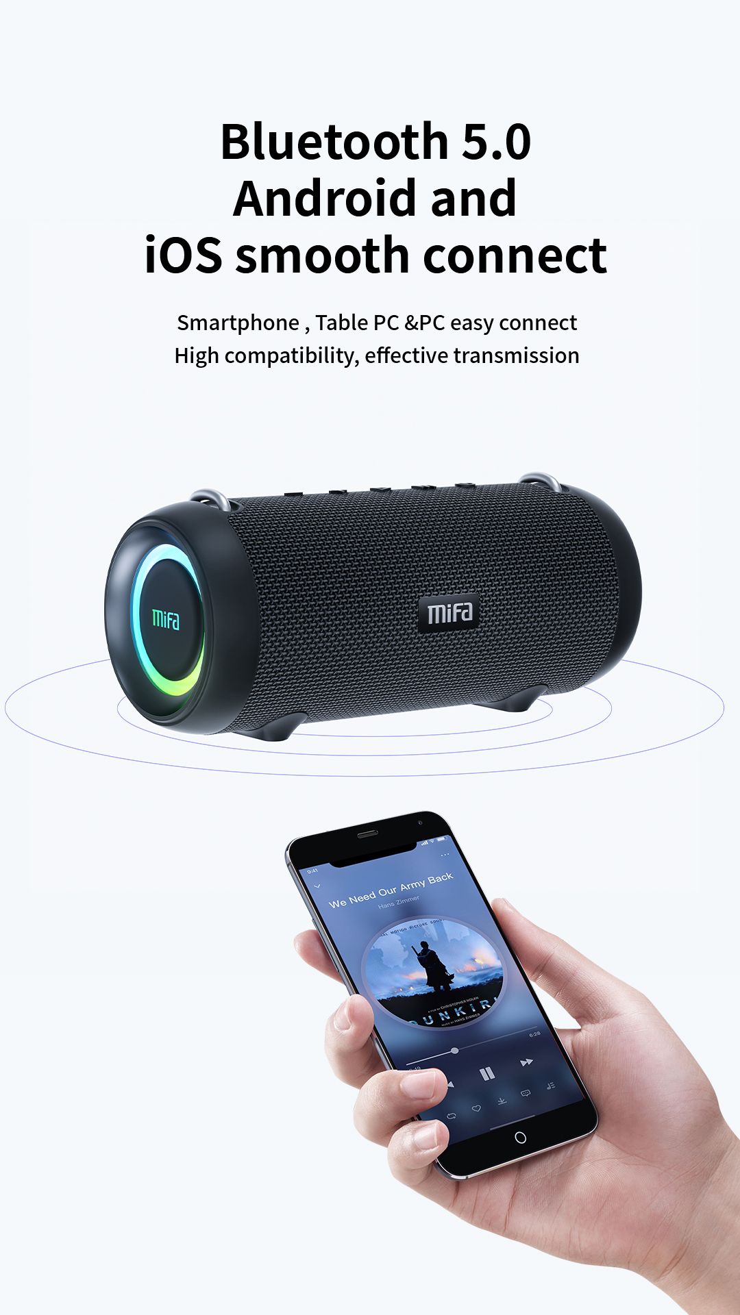MIFA A90 Bluetooth Lautsprecher Mifa A90 Bluetooth®-Lautsprecher_Slogan: Bluetooth 5.0 Android and iOS smooth connect