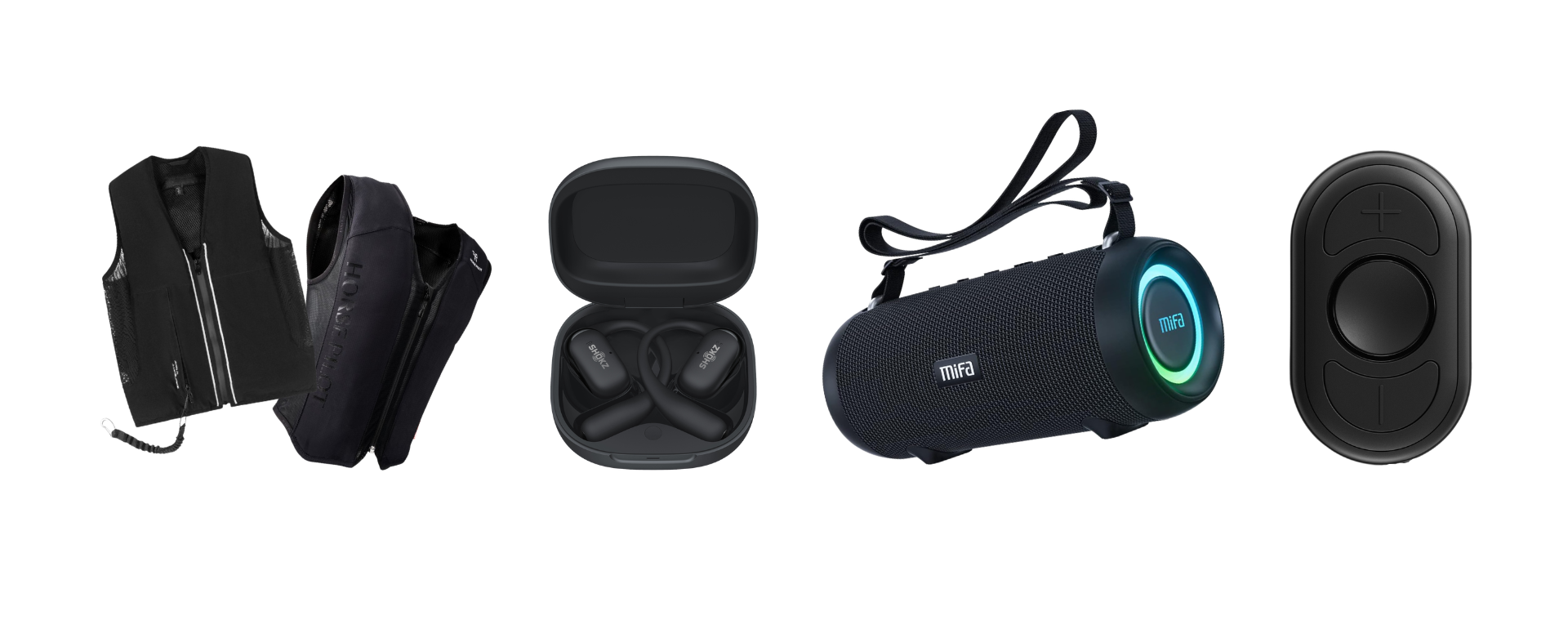 Produktübersicht (von links nach rechts): E-Twist'Air, SAFEFIT von Seaver, OpenFit2+ von Shokz, Mifa A90 und CEECOACH Plus.