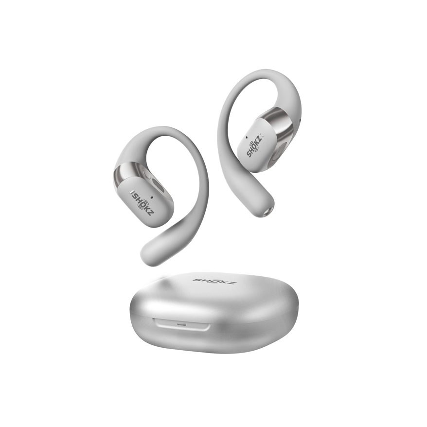 Shokz OpenFit 2_kabellose In-Ear Kopfhörer mit Ladecase, silber. Shokz OpenFit 2_kabellose In-Ear Kopfhörer mit Ladecase, silber.