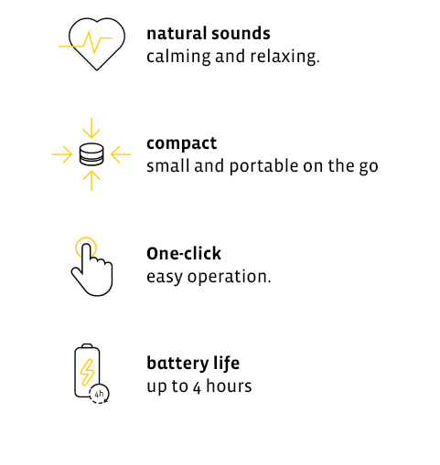 CEECALM_Four symbols with descriptions_Heart with heartbeat line; compact round shape with arrows; finger tapping on circle for easy one-click operation; battery with lightning bolt for battery life of up to 4 hours.
