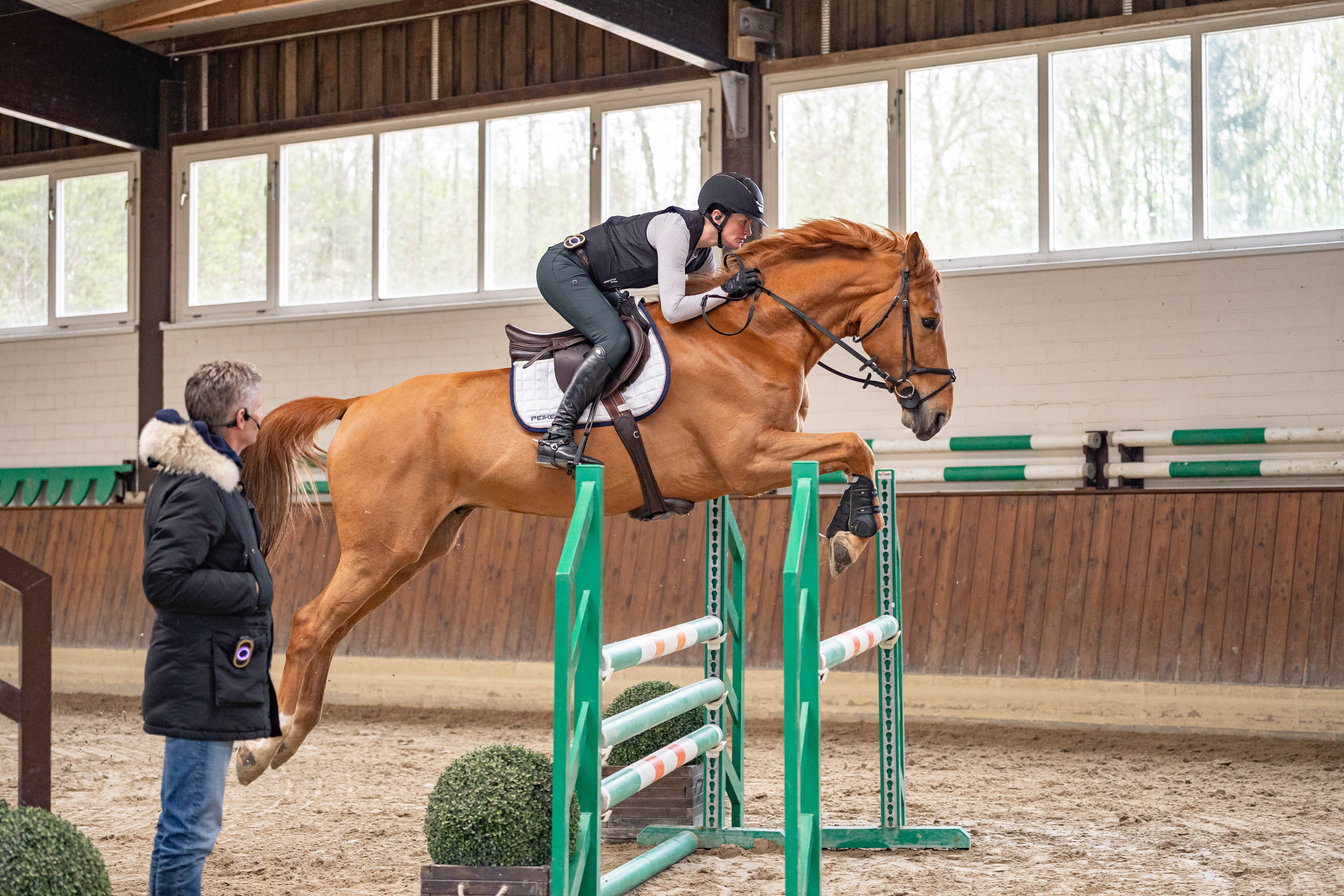 Eine Reiterin springt mit einem braunen Pferd über ein Hindernis in einer Reithalle. Neben dem Sprung steht eine Person und beobachtet das Training.