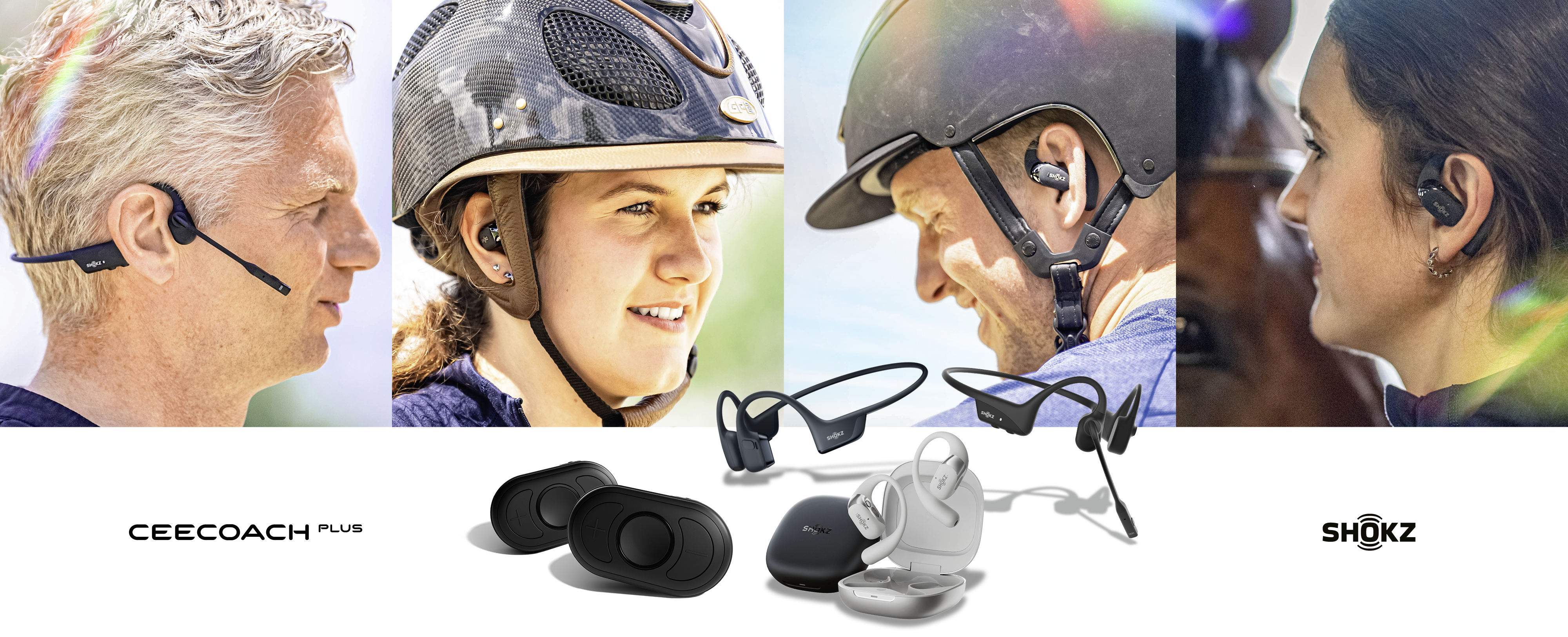 Reiter und Trainer mit CECOACH PLUS und Shokz im Einsatz beim Reittraining_im Vordergrund CEECOACH PLUS Duo in schwarz_verschiedene Shokz-Modelle