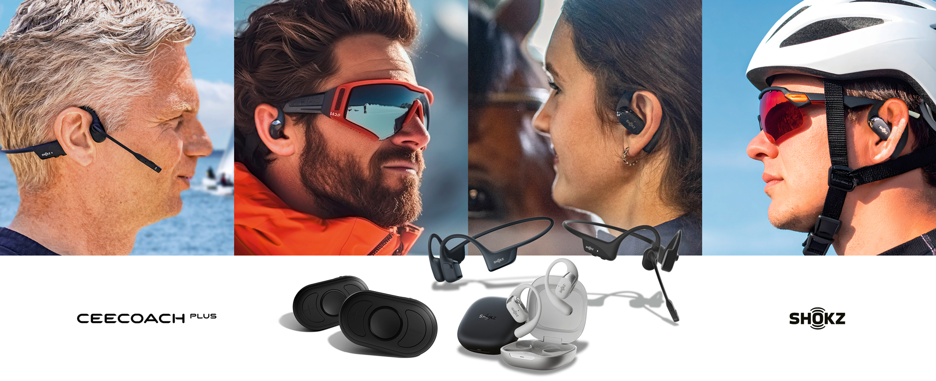 Das Bild ist in vier Abschnitte unterteilt und zeigt Personen bei sportlichen Aktivitäten, die unterschiedliche Shokz-Headsets tragen. Das Bild ist in vier Abschnitte unterteilt und zeigt Personen bei sportlichen Aktivitäten, die unterschiedliche Shokz-Headsets tragen.