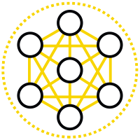 Icon_Sechs schwarze Kreise_verbunden durch gelbe Linien_bilden ein sechseckiges Netzwerk_schwarzer Hintergrund mit gelbem gepunktetem Rand