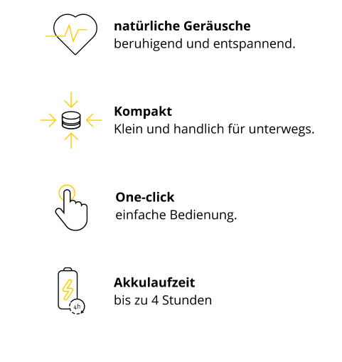 CEECALM_Vier Symbole mit Beschreibungen_Herz mit Herzschlaglinie_ runde Form mit Pfeilen_Finger tippt auf Kreis_Batterie mit Blitz für Akkulaufzeit bis zu 4 Stunden CEECALM_Vier Symbole mit Beschreibungen_Herz mit Herzschlaglinie; kompakte runde Form mit Pfeilen; Finger tippt auf Kreis für einfache One-Click-Bedienung; Batterie mit Blitz für Akkulaufzeit bis zu 4 Stunden