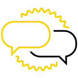 Icon_Zwei Sprechblasen, eine gelb mit gezacktem Rand, die andere schwarz, symbolisieren Kommunikation