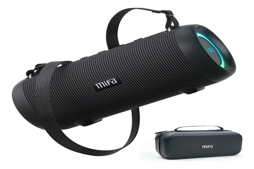 Mifa A90 portable Bluetooth speaker in cylindrical shape with shoulder strap, alongside a matching carrying bag.