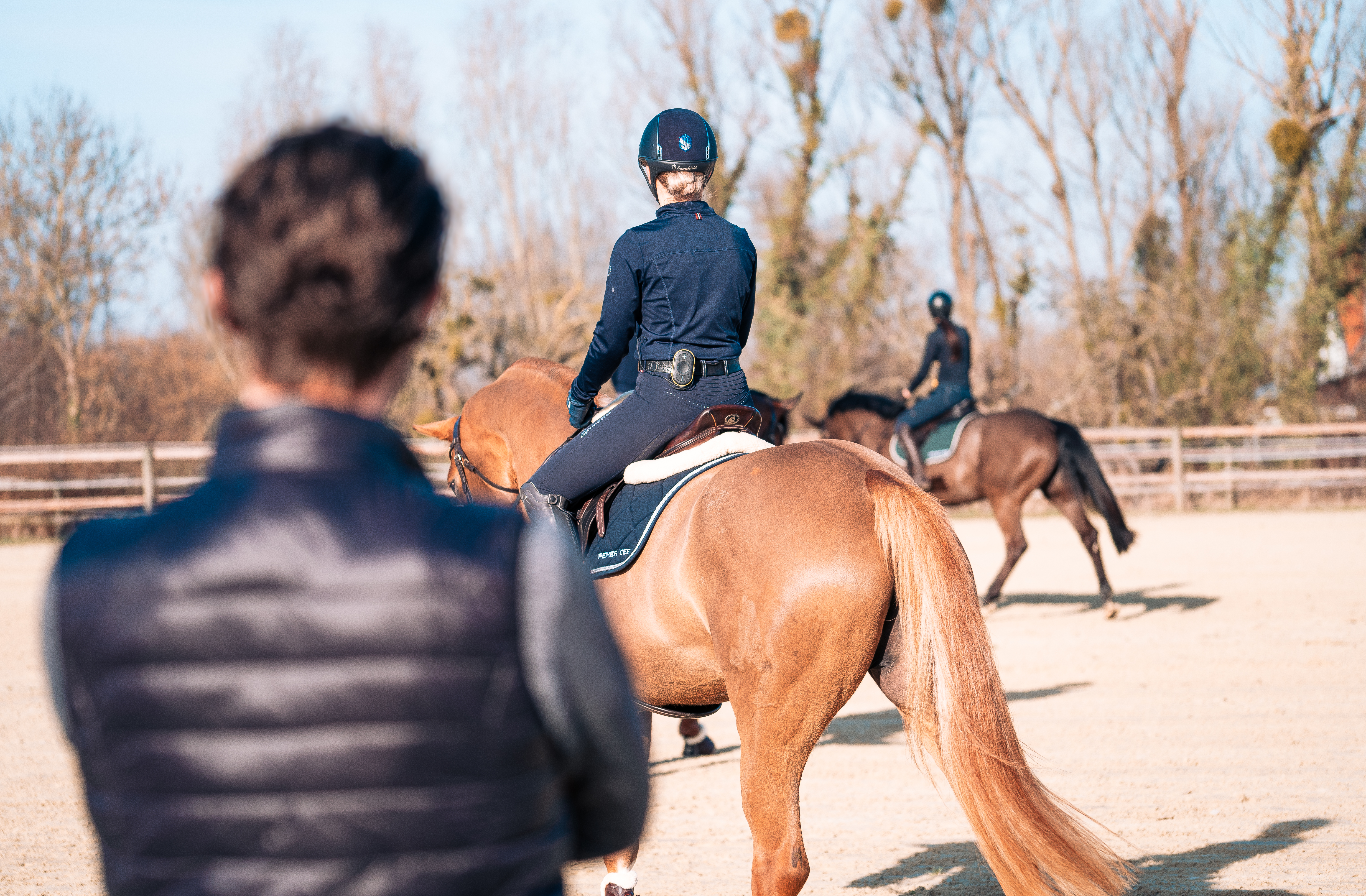 Eine Person beobachtet im Vordergrund ein Reittraining, bei dem mehrere Reiterinnen auf Pferden in einer Reitanlage im Freien unterwegs sind.