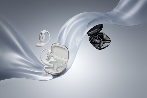Shokz OpenFit 2 wireless in-ear headphones with charging case in white and black.