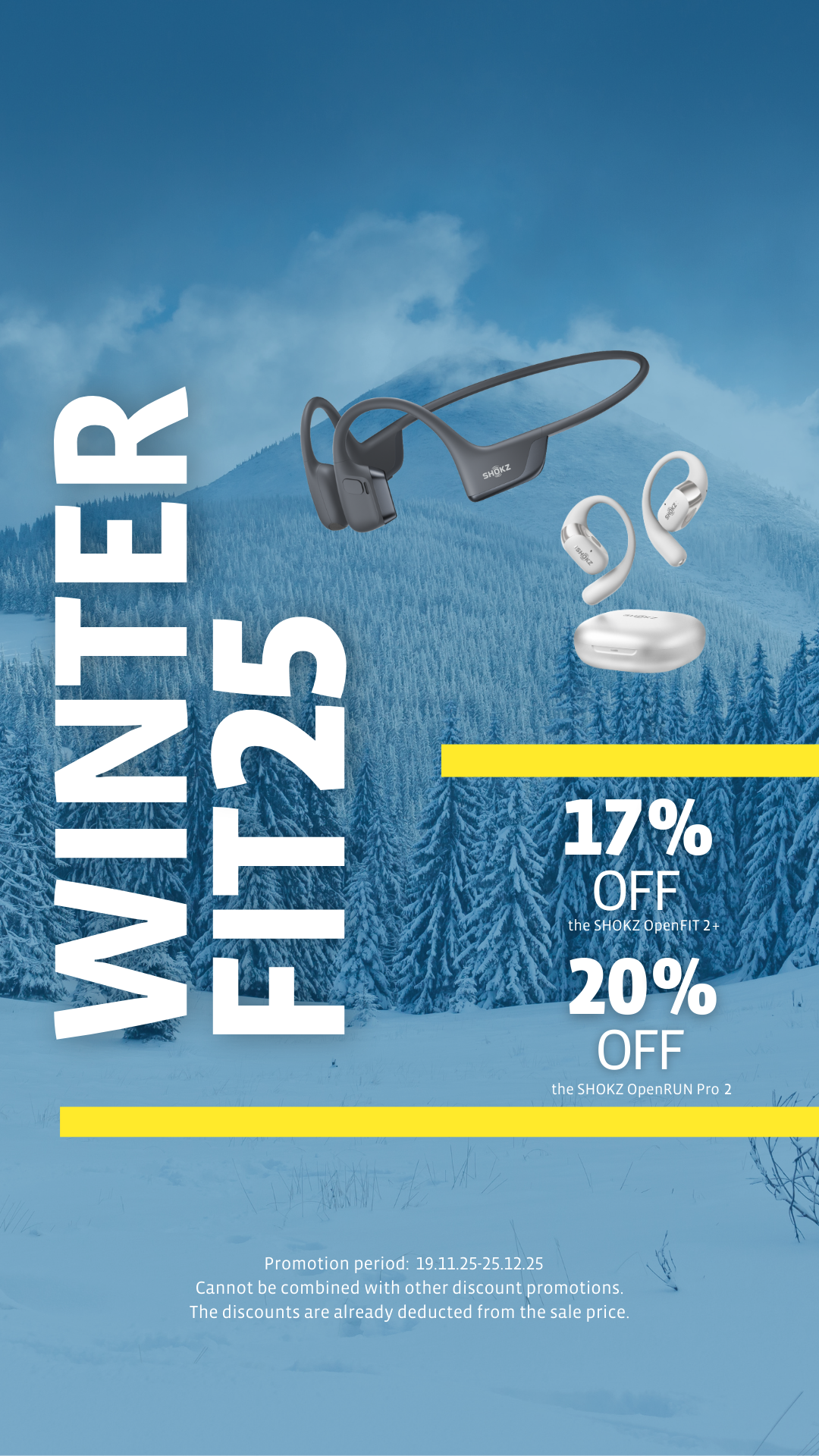 Werbebanner mit winterlicher Berg- und Waldlandschaft in Blautönen. Im Vordergrund sind kabellose Kopfhörer von SHOKZ abgebildet_OpenRun Pro 2 in Schwarz und die OpenFit 2plus In-Ear-Kopfhörer in Weiß mit Ladecase.