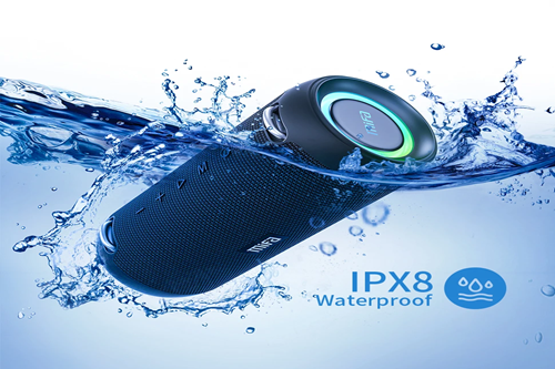 Mifa A90 speaker in water, with IPX8 waterproof next to it, showing the device's water resistance.