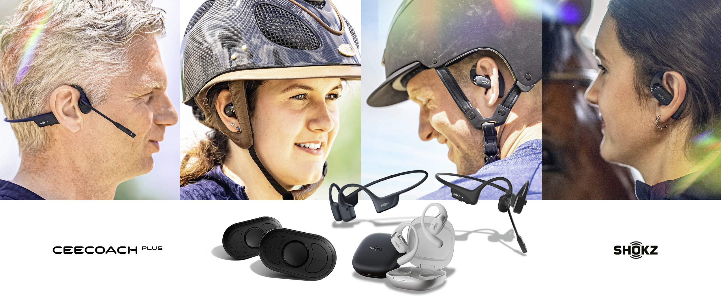 Rider and trainer with CECOACH PLUS and Shokz in use during riding training_in the foreground CEECOACH PLUS Duo in black_various Shokz models Rider and trainer with CECOACH PLUS and Shokz in use during riding training_in the foreground CEECOACH PLUS Duo in black_various Shokz models