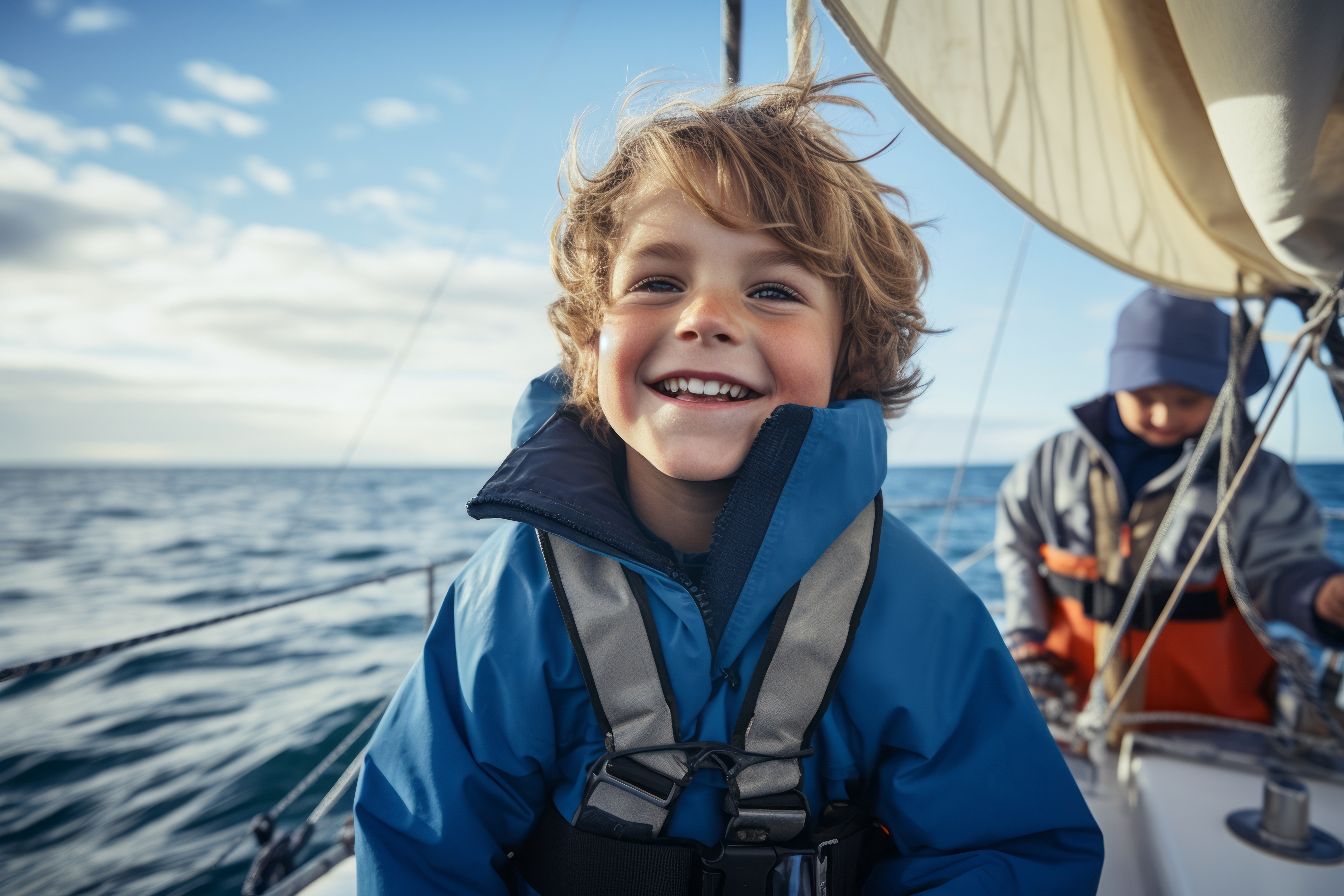 CEECOACH PLUS_Lächelnder Junge in blauer Jacke und Schwimmweste auf einem Segelboot auf offenem Wasser Lächelnder Junge in blauer Jacke und Schwimmweste auf einem Segelboot auf offenem Wasser