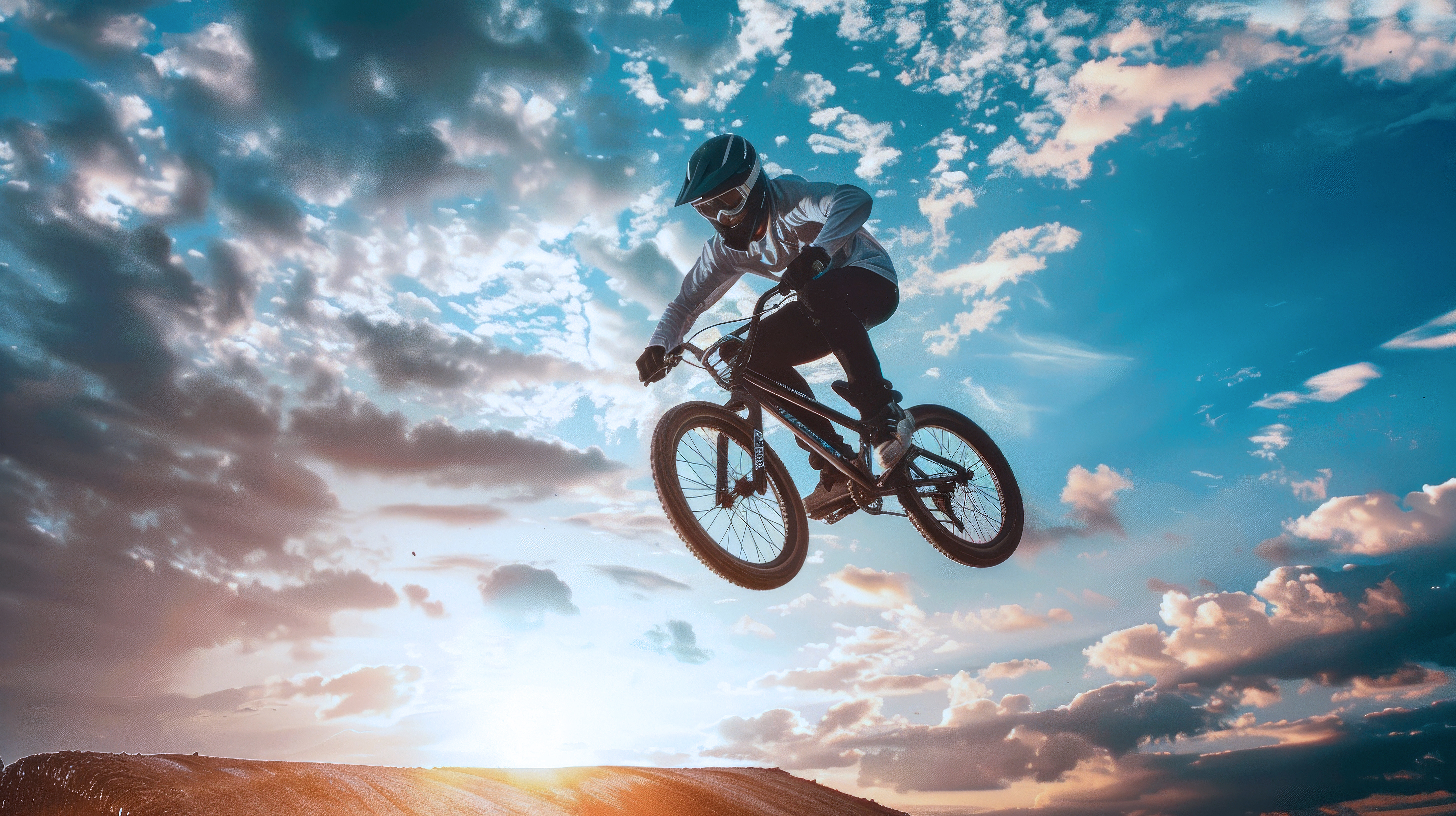 Mountainbike Fahrer_springt hoch in die Luft_Sonnenuntergang Ein Mountainbike-Fahrer mit Helm und Brille springt hoch in die Luft über eine Erhebung. Im Hintergrund ist ein farbenprächtiger Sonnenuntergang oder -aufgang mit vielen Wolken zu sehen